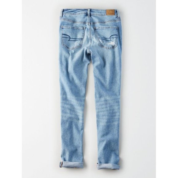 American Eagle Stretch Tomgirl Jeans Slashed Sky Destroyed Ripped BF Boyfriend 0 - Picture 5 of 14